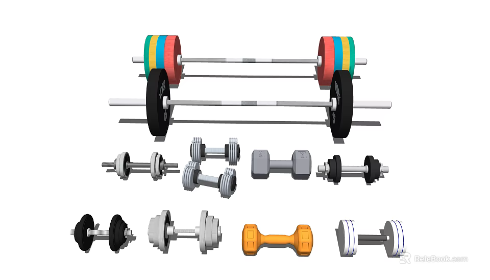 Fitness Sports Equipment Including Colorful Barbell Plates And Various Dumbbells 3d model 
