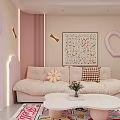 Pink Hello Kitty Living Room With Beige Sofa Coffee Table Stuffed Toys And Decorative Paintings