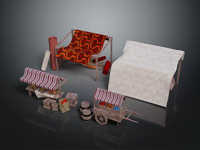 Traditional Marketplace Scene With Striped Canopy Carts White Tent And Wooden Barrels 3d model