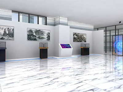 Modern Exhibition Hall With Marble Floor Landscape Paintings Display Stands And Digital Screens 3d model