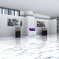 Modern Exhibition Hall With Marble Floor Landscape Paintings Display Stands And Digital Screens