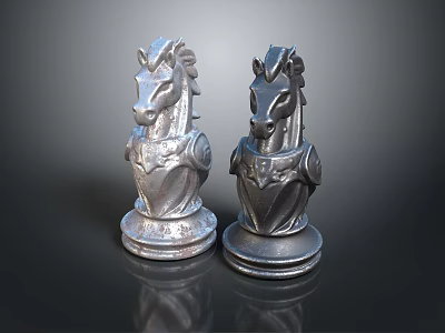 Shiny Silver Chess Knight Pieces With Ornate Armor Base Design 3d model
