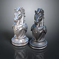 Shiny Silver Chess Knight Pieces With Ornate Armor Base Design 3d model