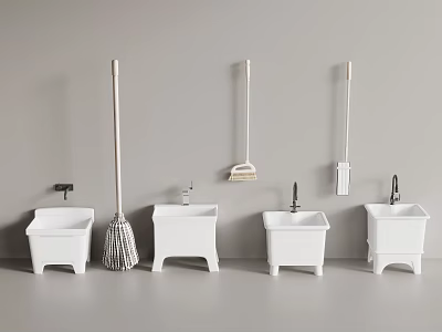 White Mop Sinks And Hanging Cleaning Tools Arranged On Gray Wall With Modern Design 3d model