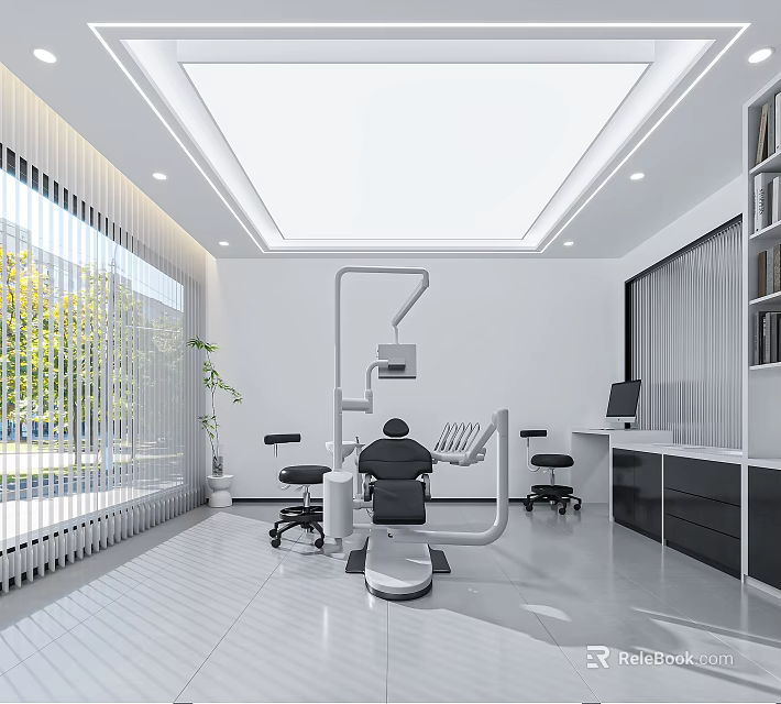 Modern Hospital Outpatient Clinic Interior With Dental Chair Medical Equipment Desk Windows And Plants 3d model 