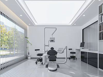 Modern Hospital Outpatient Clinic Interior With Dental Chair Medical Equipment Desk Windows And Plants 3d model