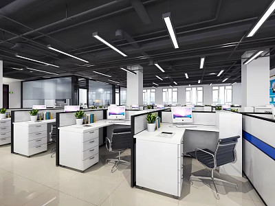 Modern Public Office Space With Open Layout Desks Computers Plants And Chairs 3d model