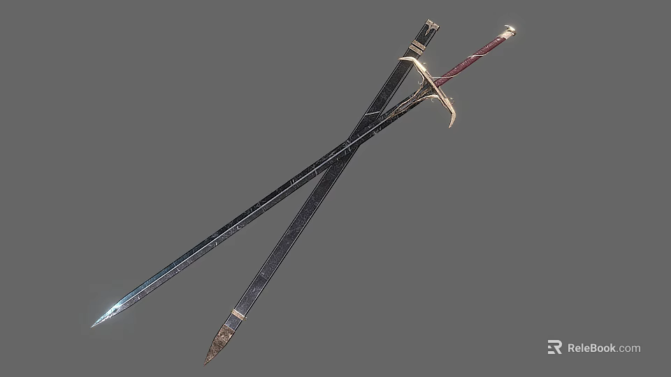 Two Crossed Medieval Swords With Sharp Metal Blades Red Wrapped Handles And Golden Decorative Accents 3d model 