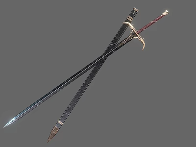 Two Crossed Medieval Swords With Sharp Metal Blades Red Wrapped Handles And Golden Decorative Accents 3d model