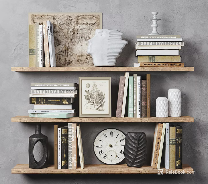 Shelf Decorative Ornament Combination With Books Sculpture Framed Art Vase Clock And Leaf Decor 3d model 