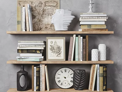 Shelf Decorative Ornament Combination With Books Sculpture Framed Art Vase Clock And Leaf Decor 3d model