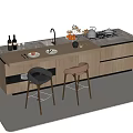 Modern Kitchen Bar Counter With Wooden Countertop Sink Stove Wine Bottles And Bar Stools