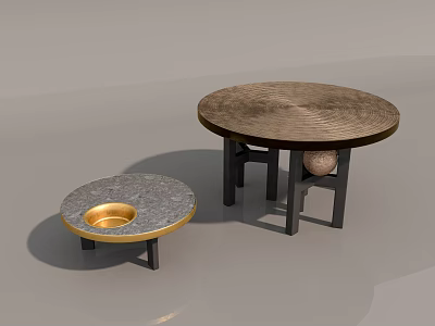 Modern Large and Small Round Tables with Wooden Textured Top Gray Surface and Black Stands 3d model