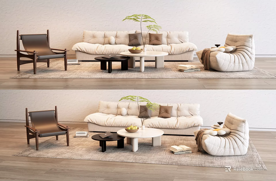 Modern Cozy Sofa Coffee Table Set with Accent Chair Green Plant and Area Rug 3d model 