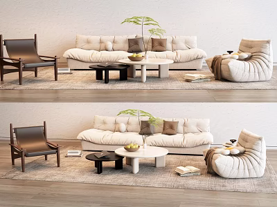 Modern Cozy Sofa Coffee Table Set with Accent Chair Green Plant and Area Rug 3d model