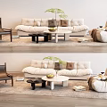 Modern Cozy Sofa Coffee Table Set with Accent Chair Green Plant and Area Rug