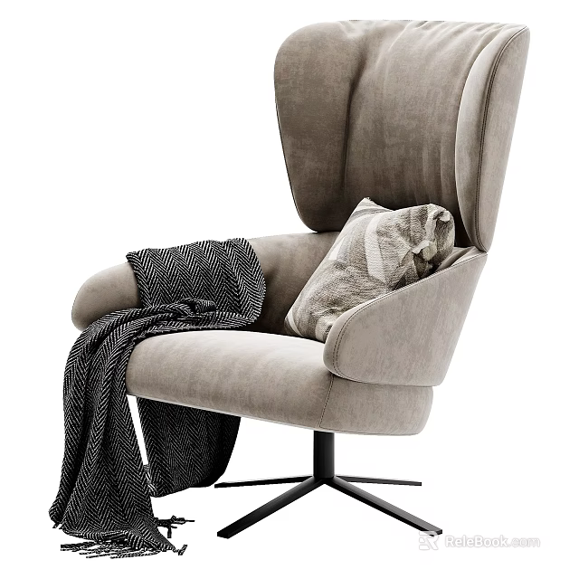 Modern Comfortable Beige Single Sofa With Black Metal Base Patterned Pillow And Soft Blanket 3d model