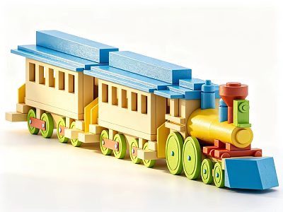 Colorful Wooden Toy Train With Blue Roof Yellow Carriages Green Wheels And Red Chimney 3d model