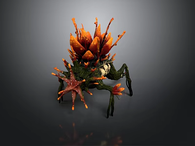 Fantasy Mythical Creature with Green Body Insect Like Legs and Orange Spiky Growths 3d model