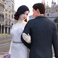 Couple In White Dress And Black Suit Walking In Venice Square With Historic Architecture