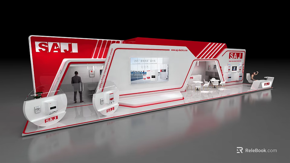 Modern Red And White Exhibition Booth With SATI Logo Display Screen And Person 3d model 