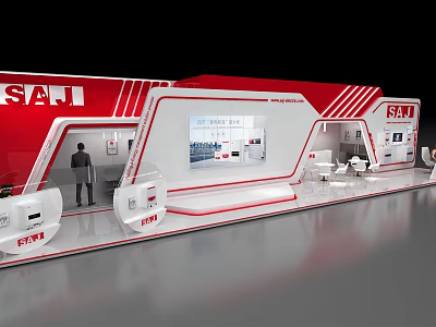Modern Red And White Exhibition Booth With SATI Logo Display Screen And Person 3d model