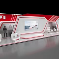 Modern Red And White Exhibition Booth With SATI Logo Display Screen And Person