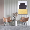 Modern Brown Leather Chairs With Small Round Table And Abstract Wall Art 3d model