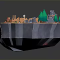 Scenic Floating Island Landscape With Green Trees Small Buildings Fences Red Barrels And Rocky Terrain