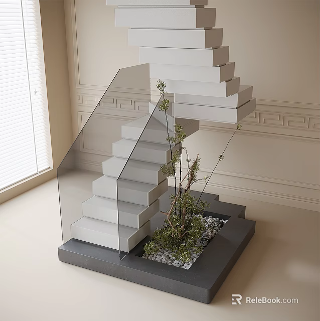 Modern White Floating Staircase with Glass Railing and Indoor Green Plant Area 3d model 
