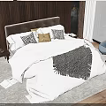 Double Bed Upholstered Headboard White Bedding Pillows Dark Blanket Nightstand Lamp Large Window Sea View