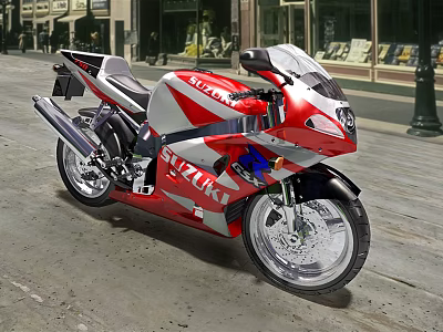 SUZUKI Sport Motorcycle In Red And White On Urban City Street 3d model