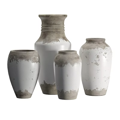 Set Of Four Rustic White And Gray Ceramic Vases With Distressed Worn Texture 3d model