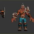 Red Skinned Horned Man Wearing Blue Pants Brown Boots With Shoulder Armor And Axe
