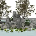 Natural Courtyard Garden With Rocks Trees Water And Water Lilies