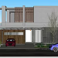 Modern Detached Villa Exterior With Trees Parked Cars And Sunset Sky Design