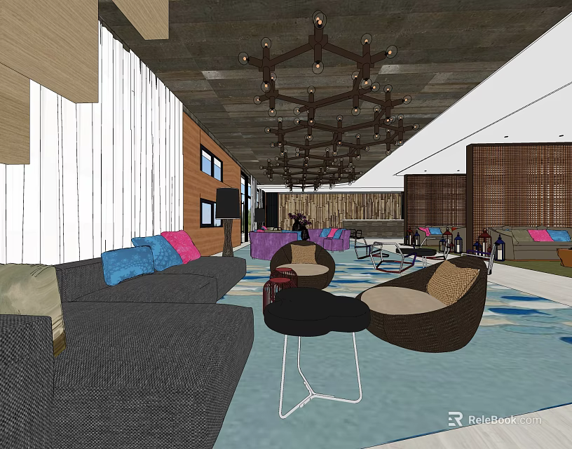 Modern Clubhouse Interior Design With Wooden Walls Sofa Chairs And Chandeliers 3d model 