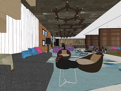 Modern Clubhouse Interior Design With Wooden Walls Sofa Chairs And Chandeliers 3d model