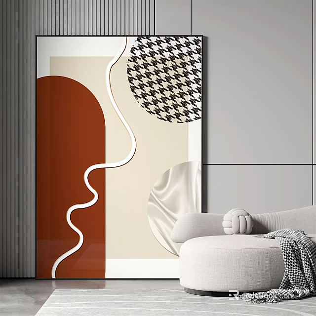 Abstract Geometric Wall Art With Wavy Lines Houndstooth And Modern Sofa 3d model 