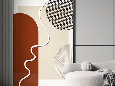 Abstract Geometric Wall Art With Wavy Lines Houndstooth And Modern Sofa 3d model