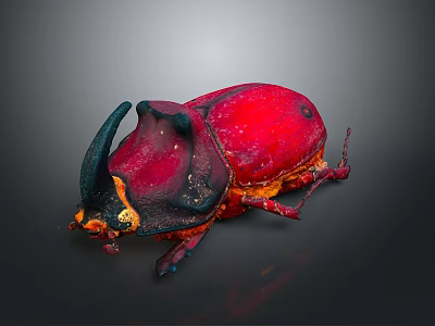 Vibrant Red Beetle With Black Horns And Detailed Legs On Gray Background 3d model