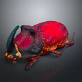 Vibrant Red Beetle With Black Horns And Detailed Legs On Gray Background
