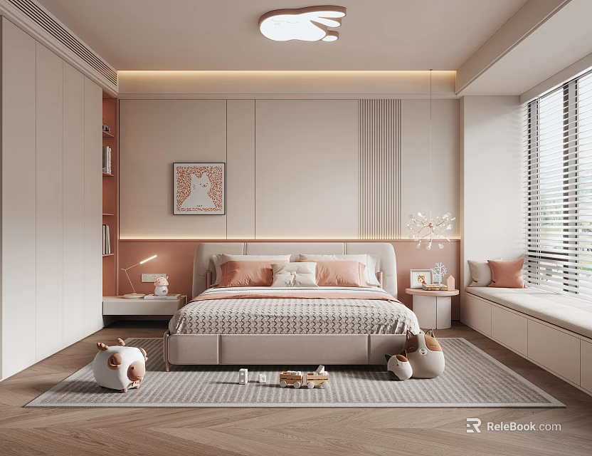 Warm Children's Room Interior Featuring Cozy Bed Decorative Rug Window Bench And Toy Decorations 3d model 