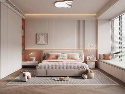 Warm Children's Room Interior Featuring Cozy Bed Decorative Rug Window Bench And Toy Decorations 3d model