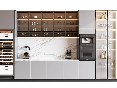 Modern Wine Cabinet Interior Design With Marble Countertop And Appliances 3d model
