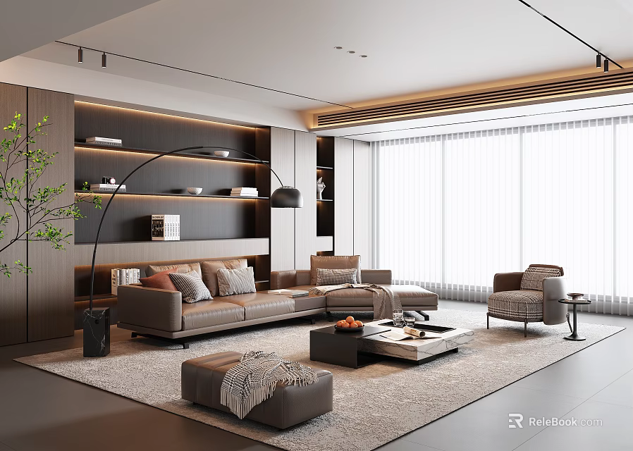 Modern Living Room Interior With Comfortable Sofa Coffee Table Floor Lamp And Area Rug 3d model 