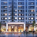 Modern Commercial Street with Contemporary Building Facades Storefronts Shop Windows and Pedestrian-Friendly Outdoor Areas