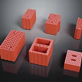 Red Bricks In Different Shapes And Sizes On Black Reflective Surface 3d model