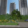 High Rise Residential Buildings With Greenery Parking Area And Blue Car