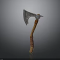 Medieval Battle Axe Featuring Silver Intricate Patterned Head and Wooden Brown Wrapped Handle